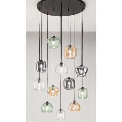 VERVE SOSPENSIONE MODERNA CON BASE NERA E CON 12 LUCI IN VETRO SOFFIATO MULTICOLORE D80 CM ONDALUCE CICIRIELLO - Cristalensi Sho