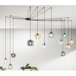 VERVE SOSPENSIONE MODERNA CON DECENTRO 12 DIFFUSORI IN VETRO SOFFIATO MULTICOLORE ONDALUCE CICIRIELLO - Cristalensi Shop Online