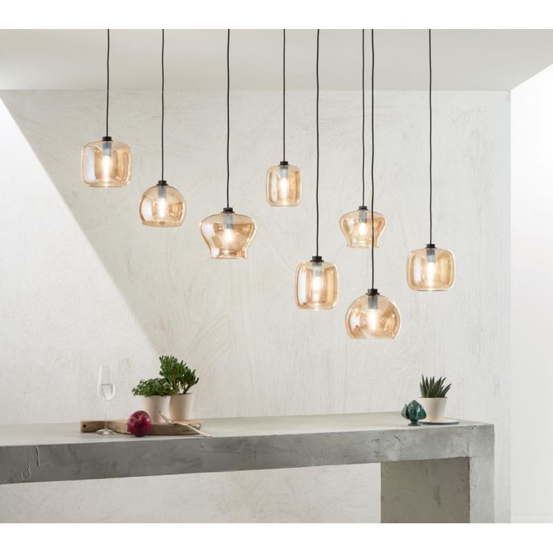 VERVE SOSPENSIONE MODERNA CON DECENTRO 8 DIFFUSORI IN VETRO SOFFIATO AMBRA E BASE ORO ONDALUCE CICIRIELLO - Cristalensi Shop Onl