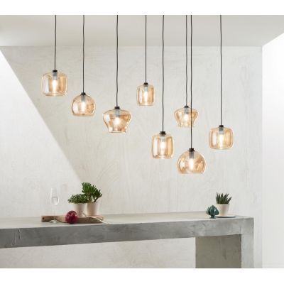 VERVE SOSPENSIONE MODERNA CON DECENTRO 8 DIFFUSORI IN VETRO SOFFIATO AMBRA E BASE ORO ONDALUCE CICIRIELLO - Cristalensi Shop Onl