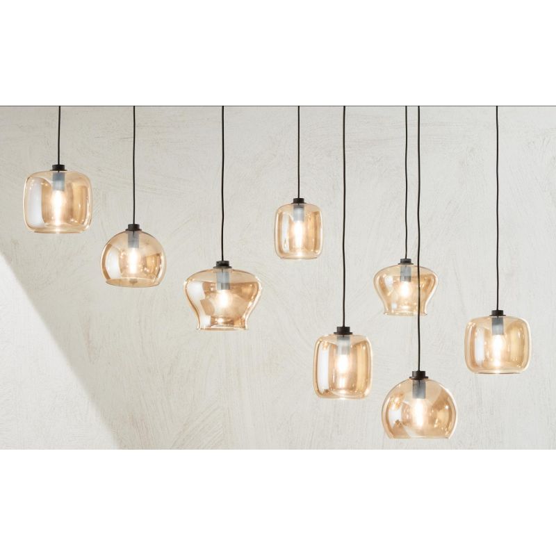 VERVE SOSPENSIONE MODERNA CON DECENTRO 8 DIFFUSORI IN VETRO SOFFIATO AMBRA E BASE ORO ONDALUCE CICIRIELLO - Cristalensi Shop Onl