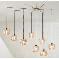 VERVE SOSPENSIONE MODERNA CON DECENTRO 8 DIFFUSORI IN VETRO SOFFIATO AMBRA E BASE ORO ONDALUCE CICIRIELLO - Cristalensi Shop Onl