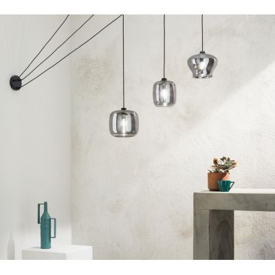 VERVE SOSPENSIONE MODERNA CON DECENTRO 3 DIFFUSORI IN VETRO SOFFIATO FUME E BASE NERA ONDALUCE CICIRIELLO - Cristalensi Shop Onl