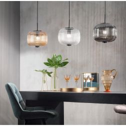 ODETTE SOSPENSIONE SINGOLA VINTAGE IN VETRO SOFFIATO RIGATO FUME, AMBRA O TRASPARENTE D25 CM ONDALUCE CICIRIELLO - Cristalensi S