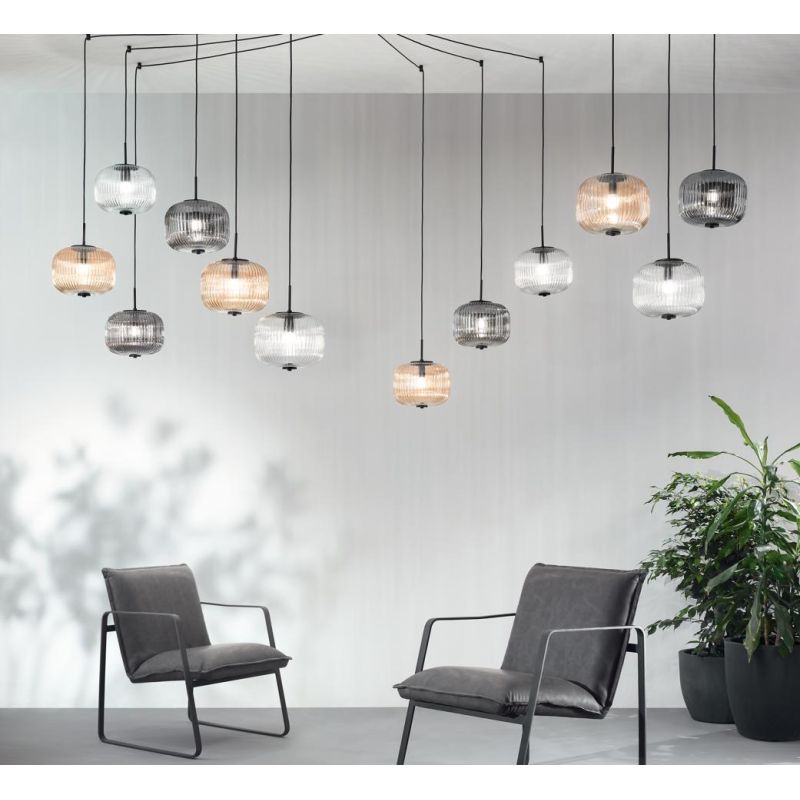 ODETTE SOSPENSIONE VINTAGE DECENTRATA CON 12 LUCI IN VETRO SOFFIATO RIGATO FUME, AMBRA O TRASPARENTE ONDALUCE CICIRIELLO - Crist