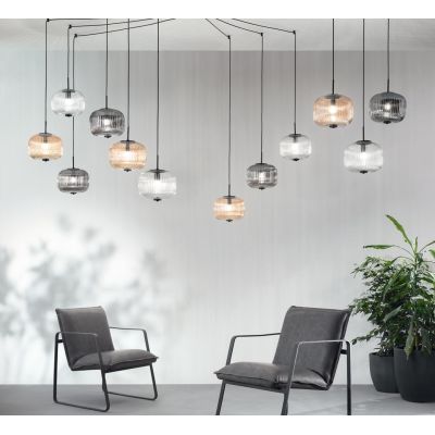 ODETTE SOSPENSIONE VINTAGE DECENTRATA CON 12 LUCI IN VETRO SOFFIATO RIGATO FUME, AMBRA O TRASPARENTE ONDALUCE CICIRIELLO - Crist