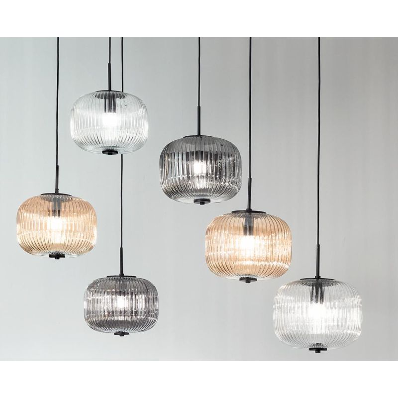 ODETTE SOSPENSIONE VINTAGE DECENTRATA CON 12 LUCI IN VETRO SOFFIATO RIGATO FUME, AMBRA O TRASPARENTE ONDALUCE CICIRIELLO - Crist