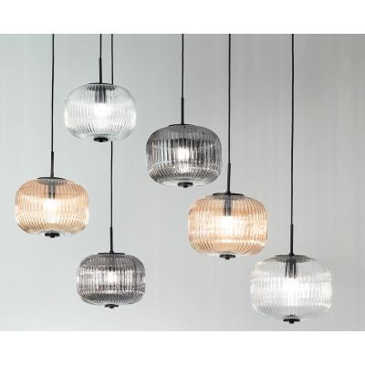 ODETTE SOSPENSIONE VINTAGE DECENTRATA CON 12 LUCI IN VETRO SOFFIATO RIGATO FUME, AMBRA O TRASPARENTE ONDALUCE CICIRIELLO - Crist