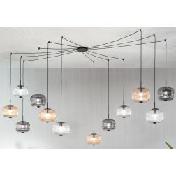 ODETTE SOSPENSIONE VINTAGE DECENTRATA CON 12 LUCI IN VETRO SOFFIATO RIGATO FUME, AMBRA O TRASPARENTE ONDALUCE CICIRIELLO - Crist