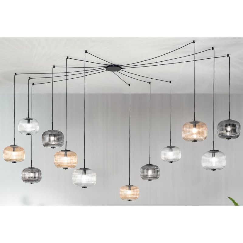 ODETTE SOSPENSIONE VINTAGE DECENTRATA CON 12 LUCI IN VETRO SOFFIATO RIGATO FUME, AMBRA O TRASPARENTE ONDALUCE CICIRIELLO - Crist