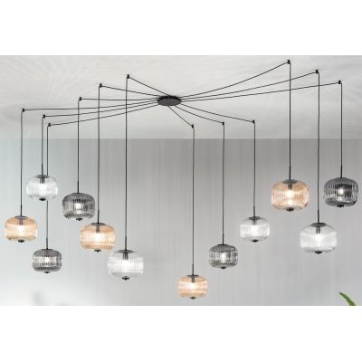 ODETTE SOSPENSIONE VINTAGE DECENTRATA CON 12 LUCI IN VETRO SOFFIATO RIGATO FUME, AMBRA O TRASPARENTE ONDALUCE CICIRIELLO - Crist