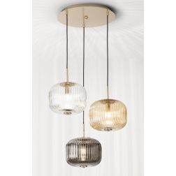 ODETTE SOSPENSIONE VINTAGE ROTONDA CON 3 LUCI IN VETRO SOFFIATO RIGATO FUME, AMBRA E TRASPARENTE ONDALUCE CICIRIELLO - Cristalen 2