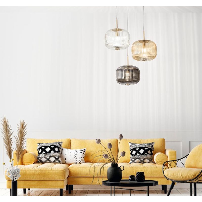 ODETTE SOSPENSIONE VINTAGE ROTONDA CON 3 LUCI IN VETRO SOFFIATO RIGATO FUME, AMBRA E TRASPARENTE ONDALUCE CICIRIELLO - Cristalen