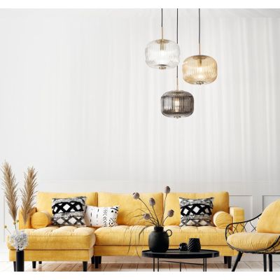 ODETTE SOSPENSIONE VINTAGE ROTONDA CON 3 LUCI IN VETRO SOFFIATO RIGATO FUME, AMBRA E TRASPARENTE ONDALUCE CICIRIELLO - Cristalen