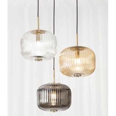 ODETTE SOSPENSIONE VINTAGE ROTONDA CON 3 LUCI IN VETRO SOFFIATO RIGATO FUME, AMBRA E TRASPARENTE ONDALUCE CICIRIELLO - Cristalen