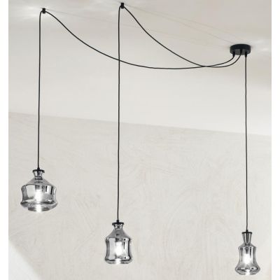PIN SOSPENSIONE CON DECENTRO 3 DIFFUSORI IN VETRO SOFFIATO FUME O AMBRA STILE VINTAGE ONDALUCE CICIRIELLO - Cristalensi Shop Onl