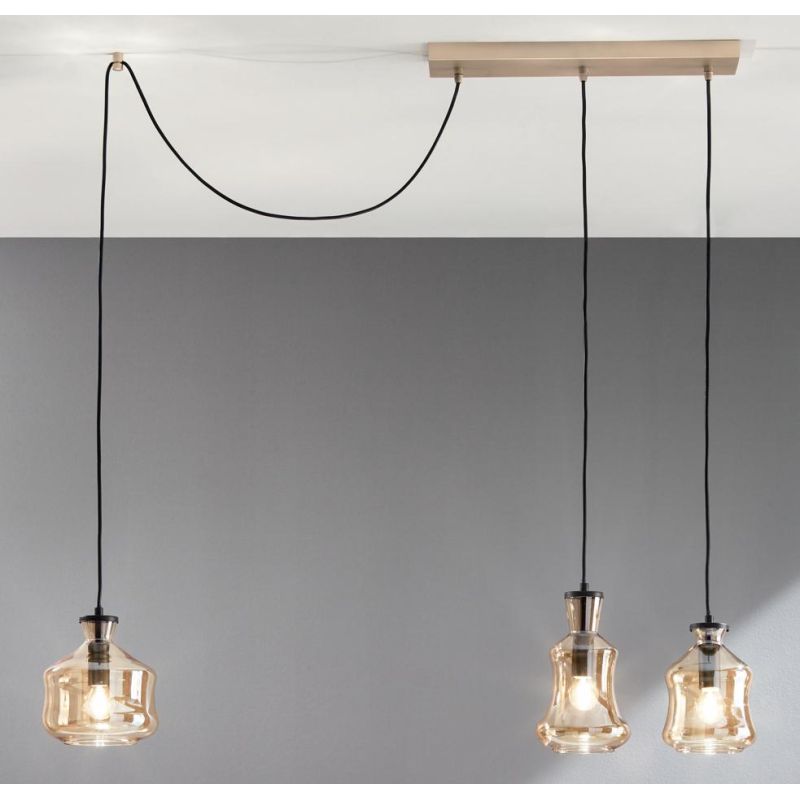 PIN SOSPENSIONE RETTANGOLARE CON DECENTRO 3 DIFFUSORI IN VETRO SOFFIATO FUME O AMBRA STILE VINTAGE ONDALUCE CICIRIELLO - Cristal