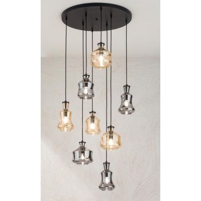 PIN SOSPENSIONE STILE VINTAGE CON BASE NERA E CON 8 DIFFUSORI IN VETRO SOFFIATO FUME E AMBRA ONDALUCE CICIRIELLO - Cristalensi S