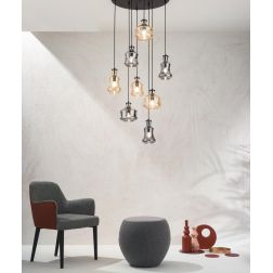 PIN SOSPENSIONE STILE VINTAGE CON BASE NERA E CON 8 DIFFUSORI IN VETRO SOFFIATO FUME E AMBRA ONDALUCE CICIRIELLO - Cristalensi S 2