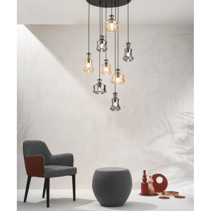 PIN SOSPENSIONE STILE VINTAGE CON BASE NERA E CON 8 DIFFUSORI IN VETRO SOFFIATO FUME E AMBRA ONDALUCE CICIRIELLO - Cristalensi S
