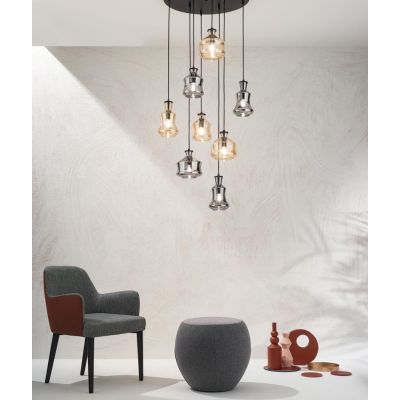 PIN SOSPENSIONE STILE VINTAGE CON BASE NERA E CON 8 DIFFUSORI IN VETRO SOFFIATO FUME E AMBRA ONDALUCE CICIRIELLO - Cristalensi S