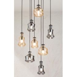 PIN SOSPENSIONE STILE VINTAGE CON BASE NERA E CON 8 DIFFUSORI IN VETRO SOFFIATO FUME E AMBRA ONDALUCE CICIRIELLO - Cristalensi S