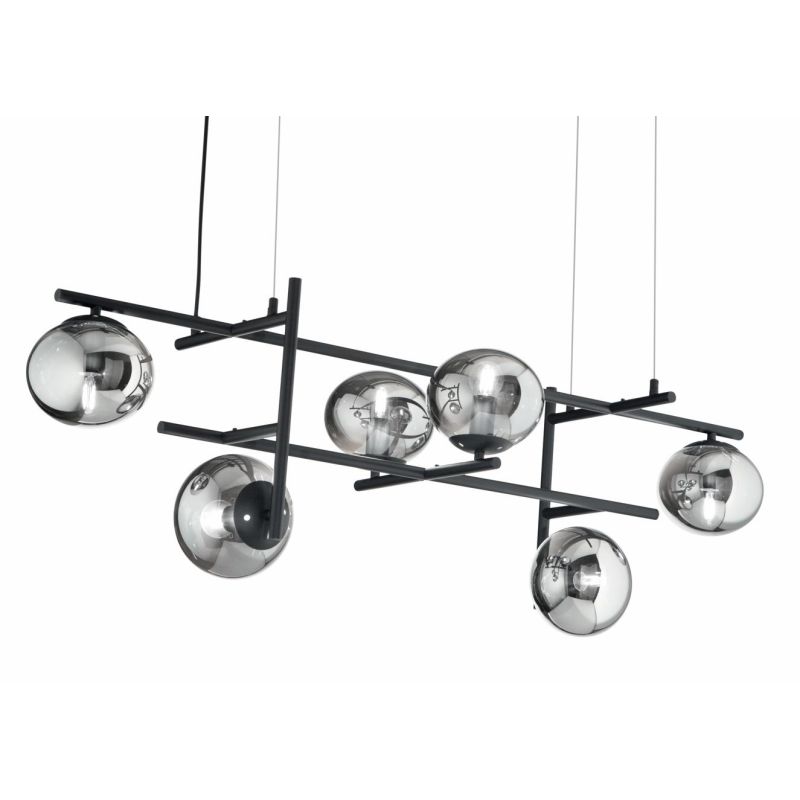 JEWEL SOSPENSIONE MODERNA 6 LUCI NERA O ORO CON SFERE IN VETRO FUME O BIANCO LAMPADINE ATTACCO E14 ONDALUCE CICIRIELLO - Cristal