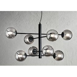 ELISEO SOSPENSIONE 8 LUCI MODERNO METALLO FINITURA ORO O NERA CON SFERE IN VETRO TRASPARENTE ONDALUCE CICIRIELLO - Cristalensi S