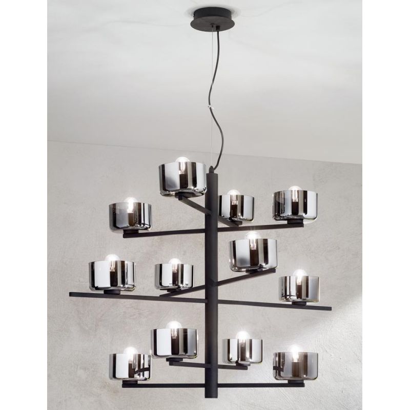 FIGARO SOSPENSIONE 12 LUCI MODERNO METALLO ORO O NERO CON COPPETTE IN VETRO AMBRA O FUME ONDALUCE CICIRIELLO - Cristalensi Shop