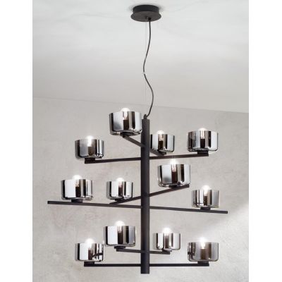 FIGARO SOSPENSIONE 12 LUCI MODERNO METALLO ORO O NERO CON COPPETTE IN VETRO AMBRA O FUME ONDALUCE CICIRIELLO - Cristalensi Shop