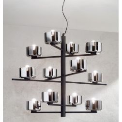 FIGARO SOSPENSIONE 12 LUCI MODERNO METALLO ORO O NERO CON COPPETTE IN VETRO AMBRA O FUME ONDALUCE CICIRIELLO - Cristalensi Shop 2