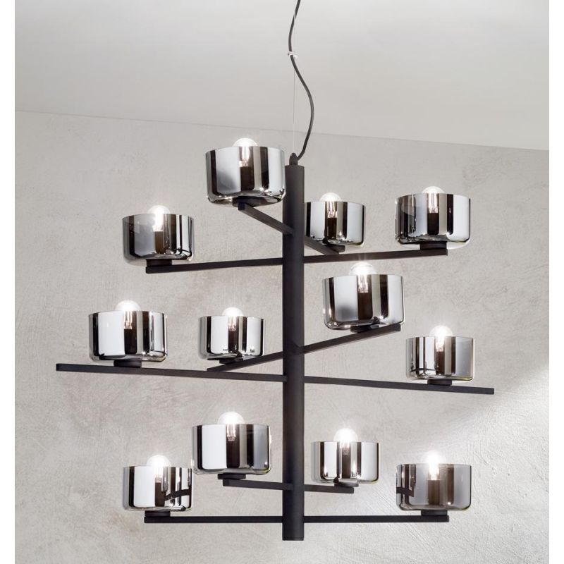 FIGARO SOSPENSIONE 12 LUCI MODERNO METALLO ORO O NERO CON COPPETTE IN VETRO AMBRA O FUME ONDALUCE CICIRIELLO - Cristalensi Shop