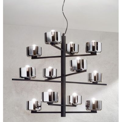 FIGARO SOSPENSIONE 12 LUCI MODERNO METALLO ORO O NERO CON COPPETTE IN VETRO AMBRA O FUME ONDALUCE CICIRIELLO - Cristalensi Shop