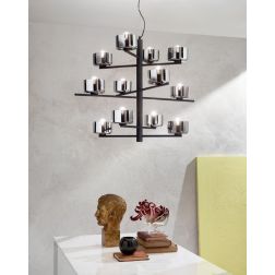 FIGARO SOSPENSIONE 12 LUCI MODERNO METALLO ORO O NERO CON COPPETTE IN VETRO AMBRA O FUME ONDALUCE CICIRIELLO - Cristalensi Shop