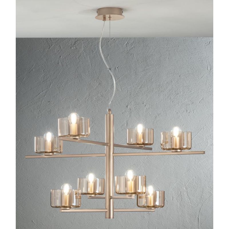 FIGARO SOSPENSIONE 8 LUCI MODERNO METALLO ORO O NERO CON COPPETTE IN VETRO AMBRA O FUME ONDALUCE CICIRIELLO - Cristalensi Shop O
