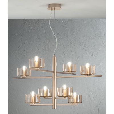 FIGARO SOSPENSIONE 8 LUCI MODERNO METALLO ORO O NERO CON COPPETTE IN VETRO AMBRA O FUME ONDALUCE CICIRIELLO - Cristalensi Shop O