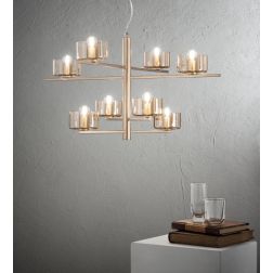 FIGARO SOSPENSIONE 8 LUCI MODERNO METALLO ORO O NERO CON COPPETTE IN VETRO AMBRA O FUME ONDALUCE CICIRIELLO - Cristalensi Shop O