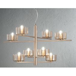 FIGARO SOSPENSIONE 8 LUCI MODERNO METALLO ORO O NERO CON COPPETTE IN VETRO AMBRA O FUME ONDALUCE CICIRIELLO - Cristalensi Shop O 2