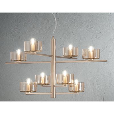 FIGARO SOSPENSIONE 8 LUCI MODERNO METALLO ORO O NERO CON COPPETTE IN VETRO AMBRA O FUME ONDALUCE CICIRIELLO - Cristalensi Shop O