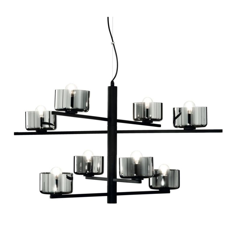 FIGARO SOSPENSIONE 8 LUCI MODERNO METALLO ORO O NERO CON COPPETTE IN VETRO AMBRA O FUME ONDALUCE CICIRIELLO - Cristalensi Shop O