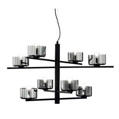 FIGARO SOSPENSIONE 8 LUCI MODERNO METALLO ORO O NERO CON COPPETTE IN VETRO AMBRA O FUME ONDALUCE CICIRIELLO - Cristalensi Shop O