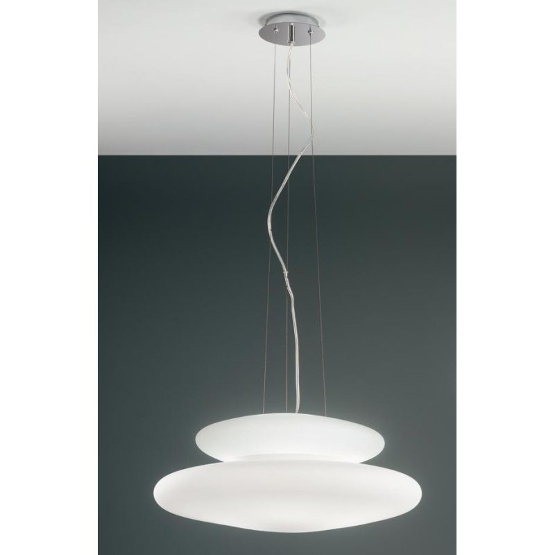PAGODA SOSPENSIONE MODERNA CON DOPPIO DIFFUSORE IN VETRO SOFFIATO BIANCO DIAMETRO CM 60 ONDALUCE CICIRIELLO - Cristalensi Shop O