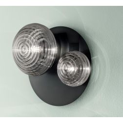 TONDO PLAFONIERA D50 CM METALLO NERO O ORO CON DUE DIFFUSORI A SFERA IN VETRO DESIGN MODERNO ONDALUCE CICIRIELLO - Cristalensi S