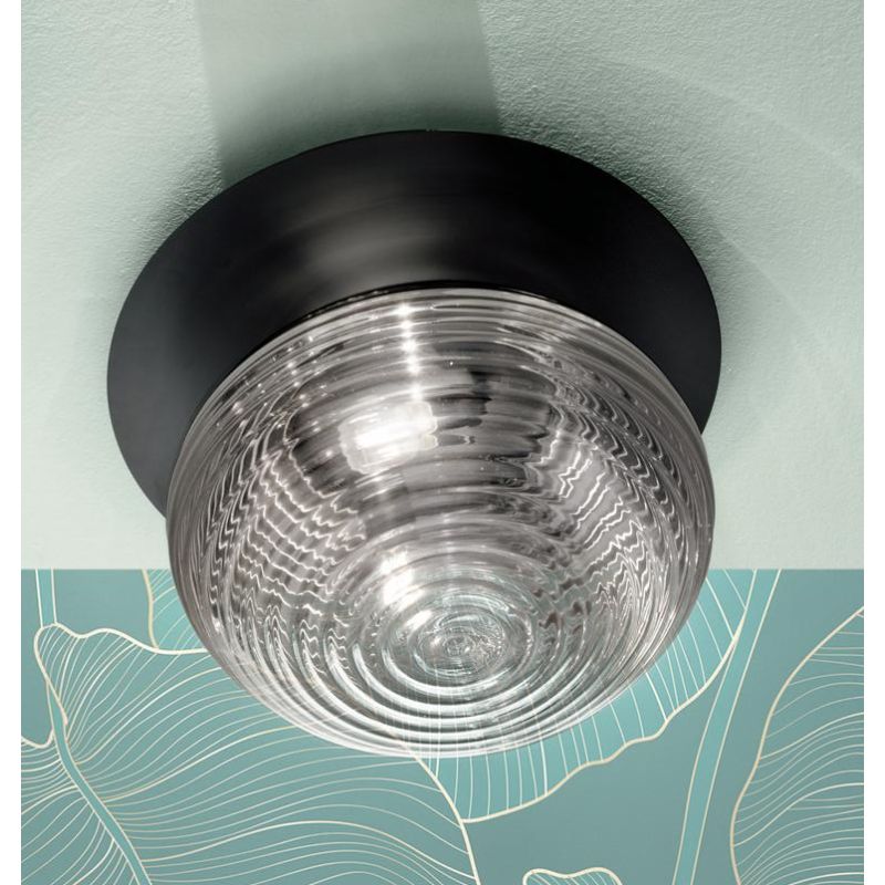 TONDO PLAFONIERA D46 CM METALLO ORO O NERO CON DIFFUSORE A SFERA IN VETRO BIANCO DESIGN MODERNO ONDALUCE CICIRIELLO - Cristalens