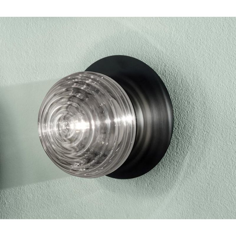 TONDO APPLIQUE D24 CM METALLO ORO O NERO CON DIFFUSORE A SFERA IN VETRO BIANCO O FUME MODERNA ONDALUCE CICIRIELLO - Cristalensi