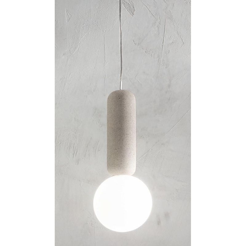 ROCK SOSPENSIONE SINGOLA CON DIFFUSORE A SFERA IN VETRO SATINATO BIANCO E DETTAGLI IN CEMENTO 3 COL ONDALUCE CICIRIELLO - Crista