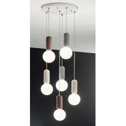 ROCK SOSPENSIONE CON 6 DIFFUSORI A SFERA IN VETRO SATINATO BIANCO CON DETTAGLI IN CEMENTO D35 CM ONDALUCE CICIRIELLO - Cristalen 2