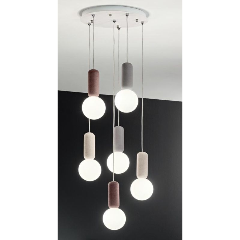 ROCK SOSPENSIONE CON 6 DIFFUSORI A SFERA IN VETRO SATINATO BIANCO CON DETTAGLI IN CEMENTO D35 CM ONDALUCE CICIRIELLO - Cristalen