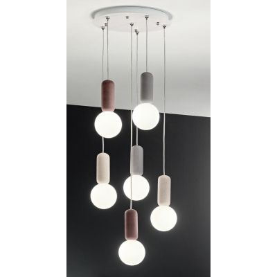 ROCK SOSPENSIONE CON 6 DIFFUSORI A SFERA IN VETRO SATINATO BIANCO CON DETTAGLI IN CEMENTO D35 CM ONDALUCE CICIRIELLO - Cristalen