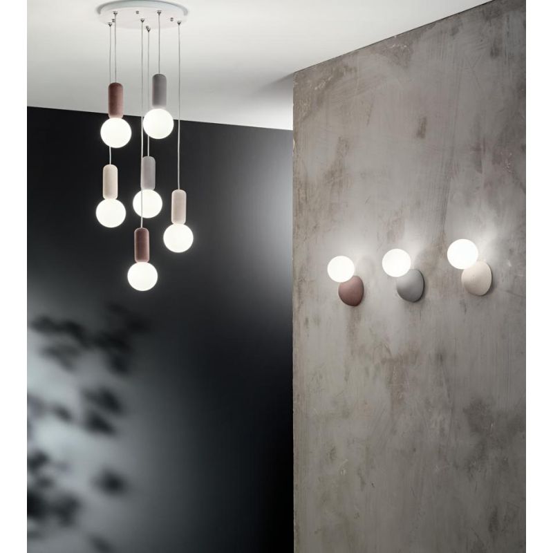 ROCK SOSPENSIONE CON 6 DIFFUSORI A SFERA IN VETRO SATINATO BIANCO CON DETTAGLI IN CEMENTO D35 CM ONDALUCE CICIRIELLO - Cristalen